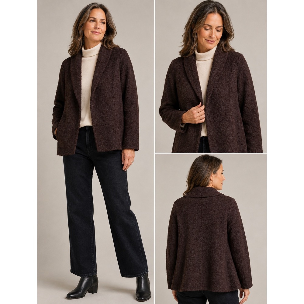 Eileen Fisher Textured Wool Blend Jacket Wine Burg Shawl Collar L